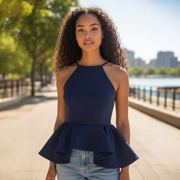 DESIGNER CAMEO NAVY BLUE SLEEVELESS BACKLESS PEPLUM DETAIL HALTER BLOUSE LARGE - Picture 2 of 11